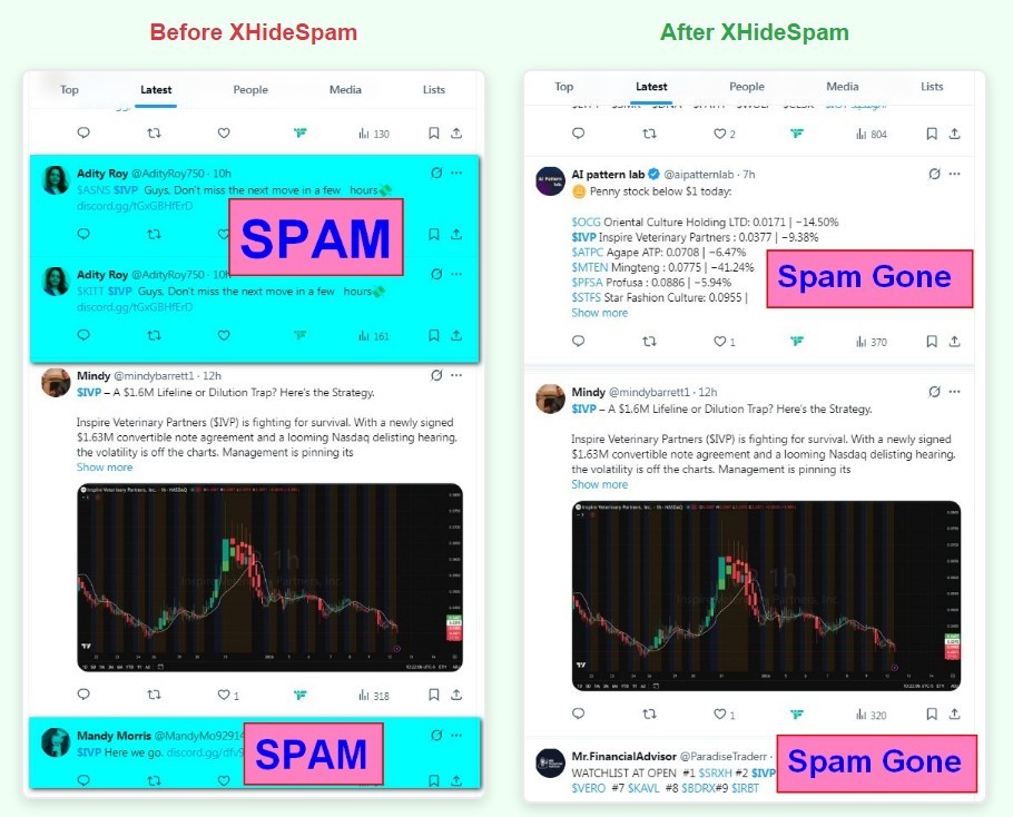 X Hide Spam - Before and After