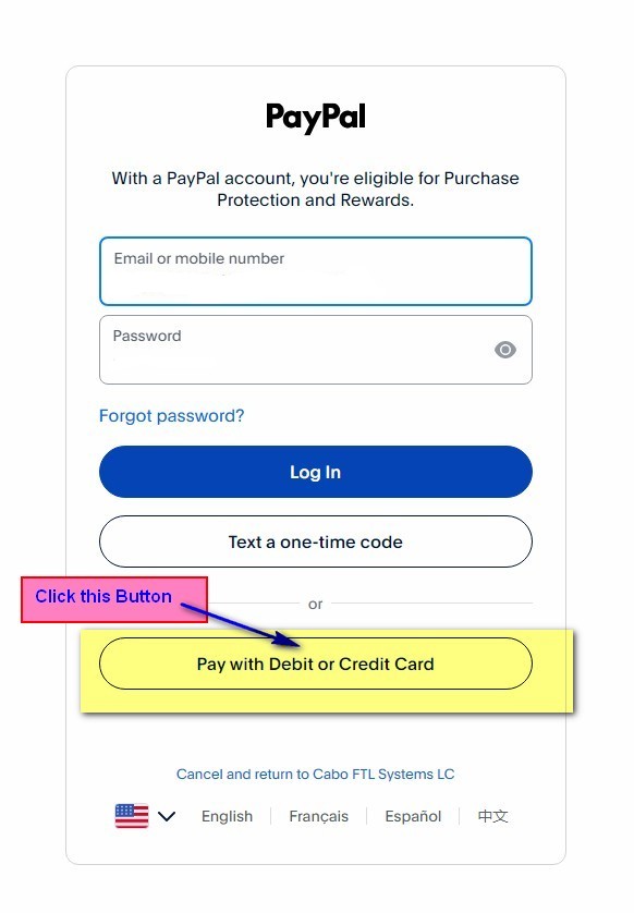 PayPal login screen with Pay with Debit or Credit Card button highlighted
