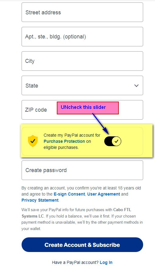 PayPal create account toggle with uncheck instruction highlighted