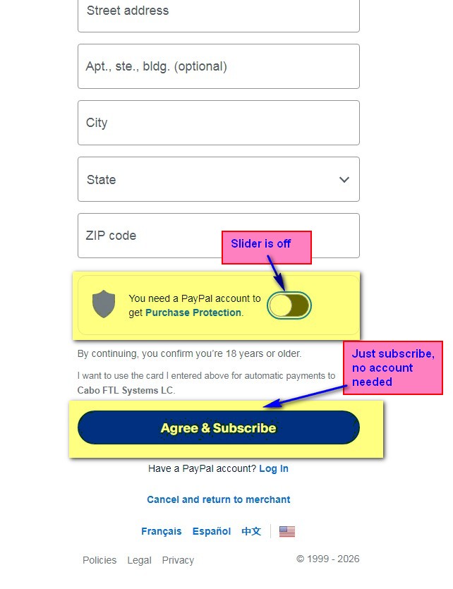PayPal confirmation screen with slider off and Agree and Subscribe button highlighted